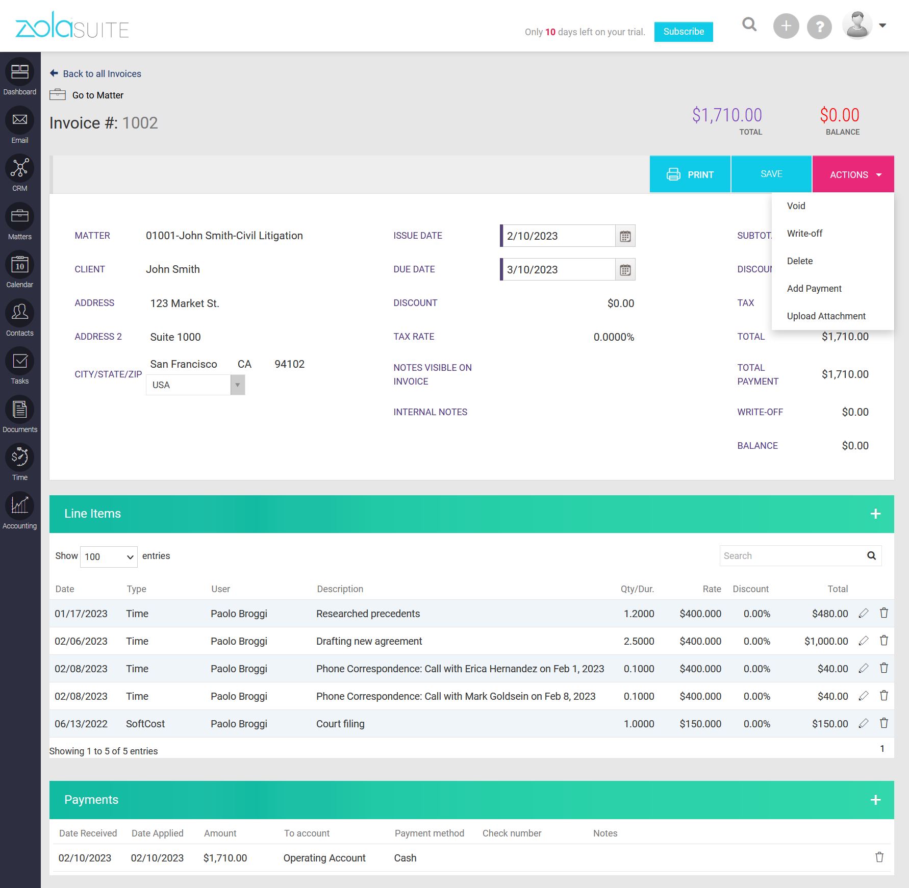 Zola Suite Billing and Payments View - Family Law