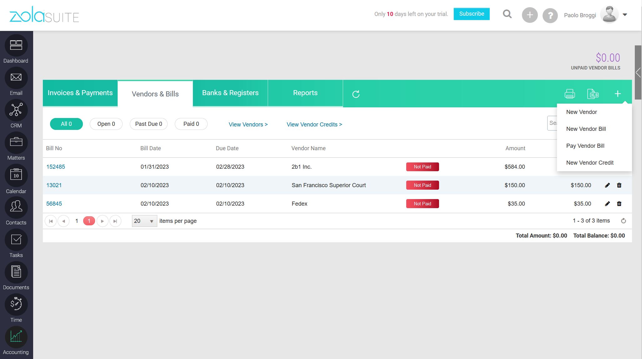 Zola Suite - Accounting, Vendors, and Bills