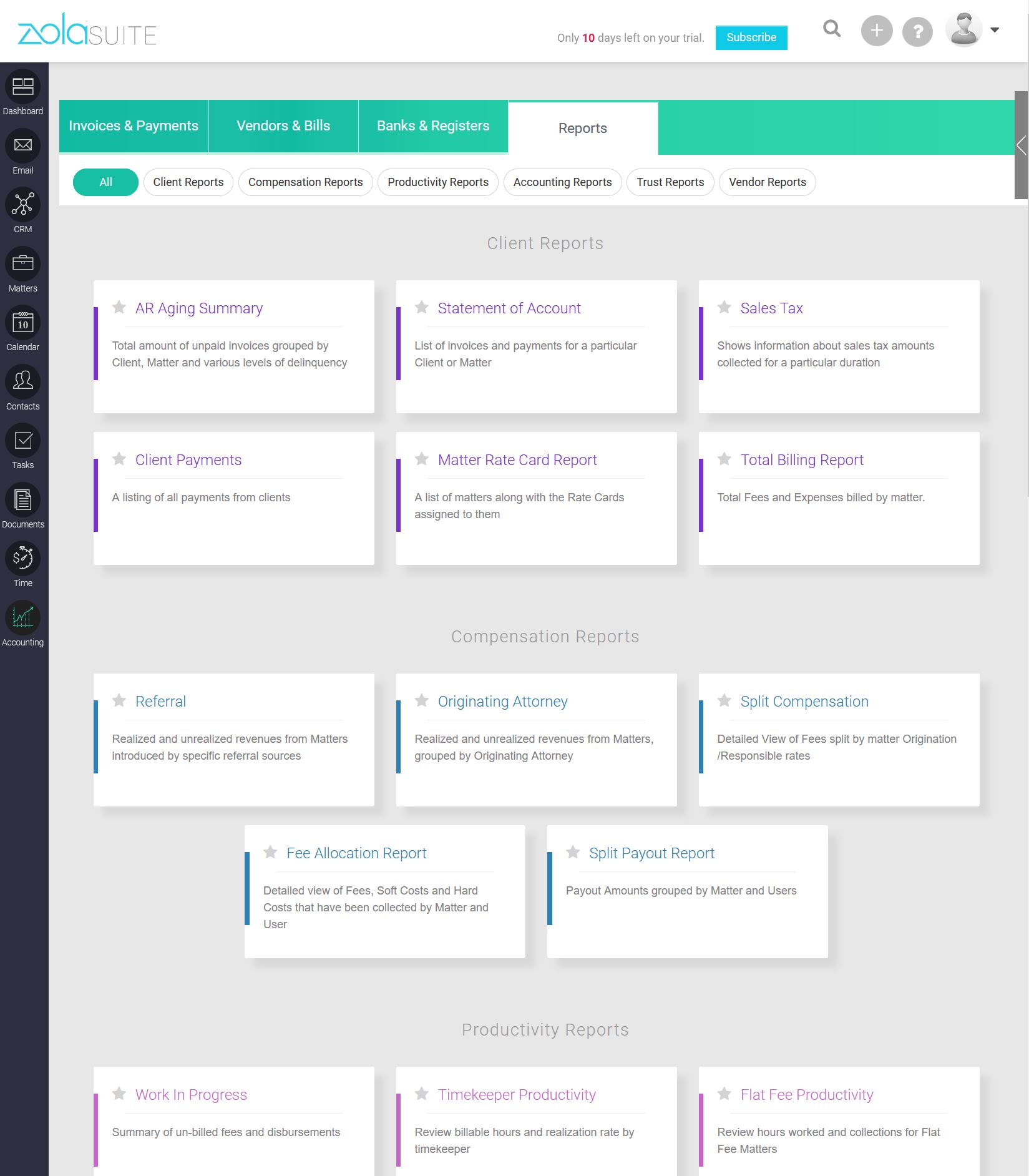 Zola Suite - Reports Tab in accounting