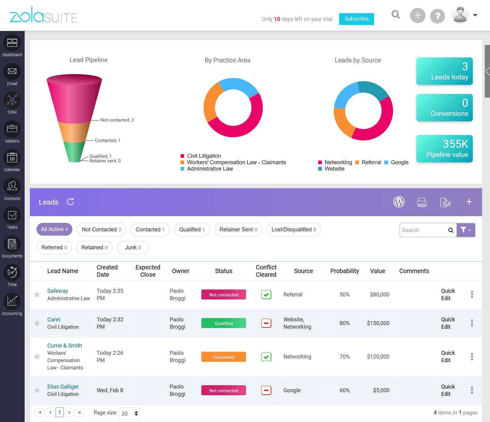 Zola Suite - CRM Leads Management Page