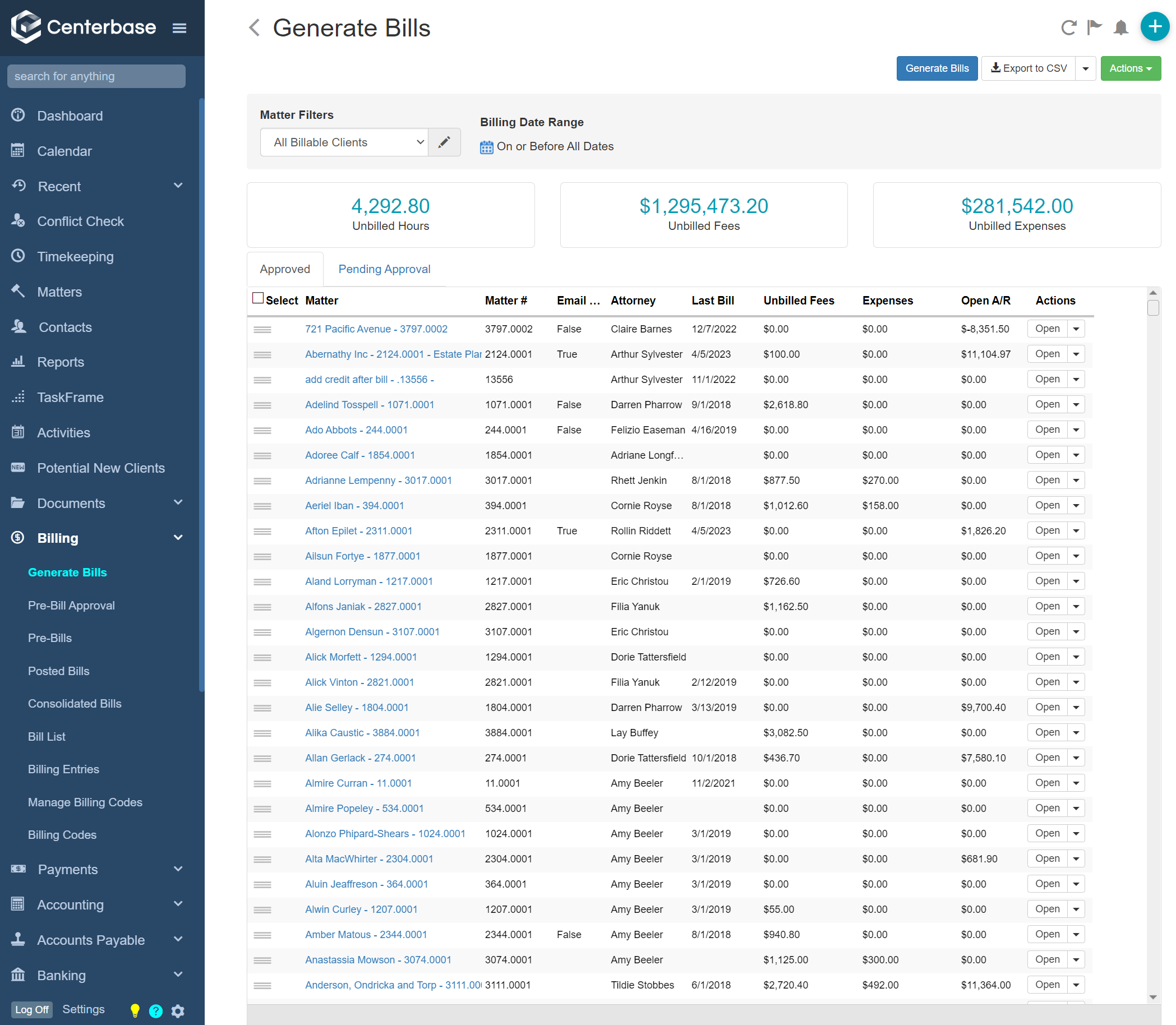 Centerbase Billing and Payments View - Family Law
