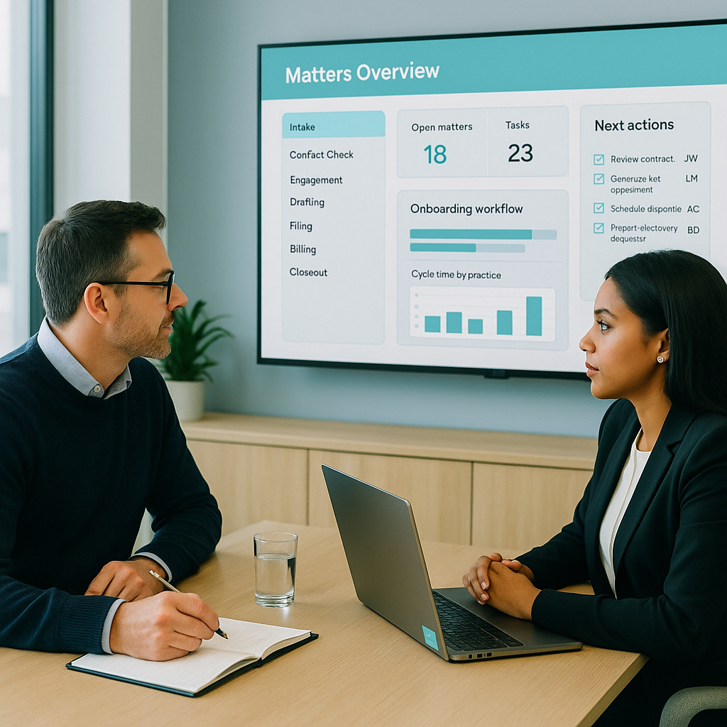 Consultant reviews a task dashboard with a lawyer in a conference room to plan practice‑management setup.