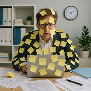 Overwhelmed office worker surrounded by sticky notes and papers at a laptop.