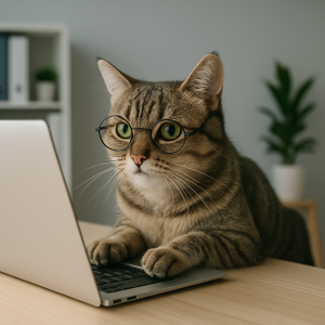 A cat wearing small round glasses sits at a laptop as if typing.