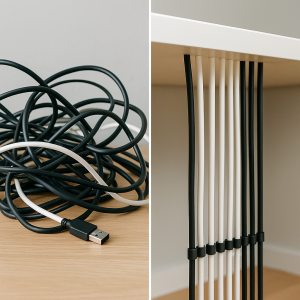 Left image shows tangled cables; right image shows neatly organized cables representing streamlined workflows.