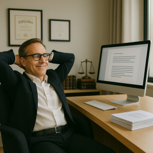 Happy Lawyer while computer generate documents