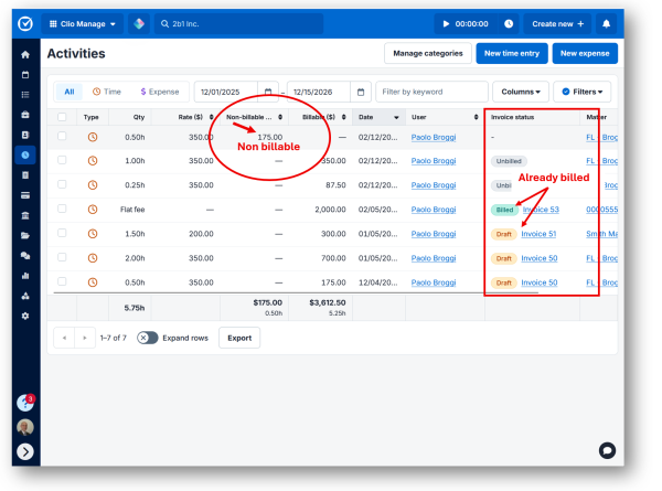 Clio Manage activities filters and bill draft line items