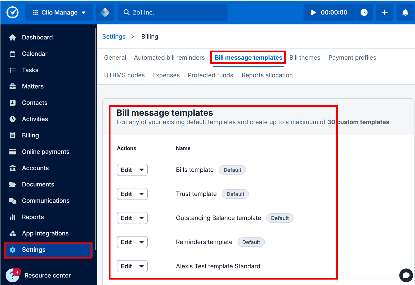 Clio Manage bill message templates autofill fields preview