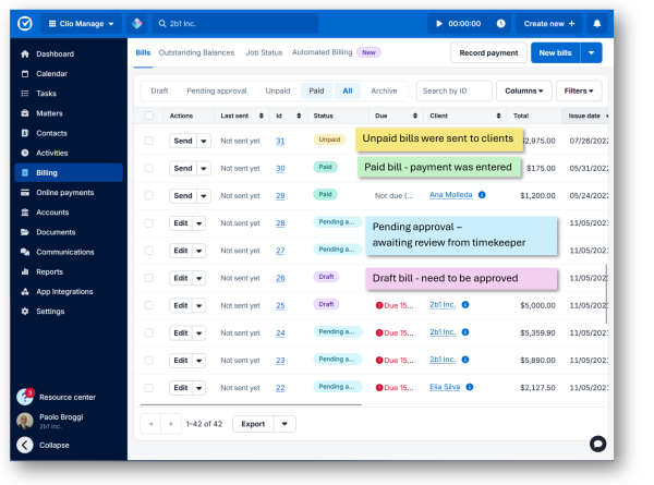 Clio Manage bill states draft pending approval approved