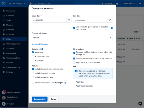 Clio Manage bulk billing workflow screen