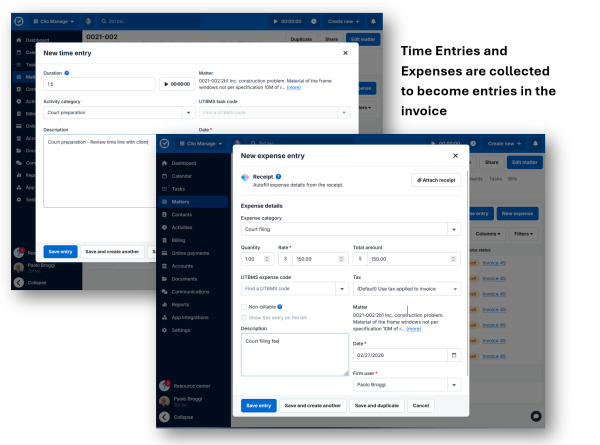 Clio Manage creating time entries and expenses for billing