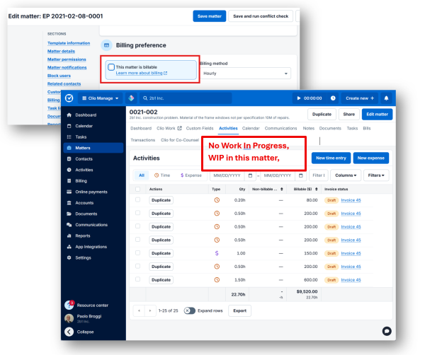 Clio Manage matter billing preference and unbilled activities
