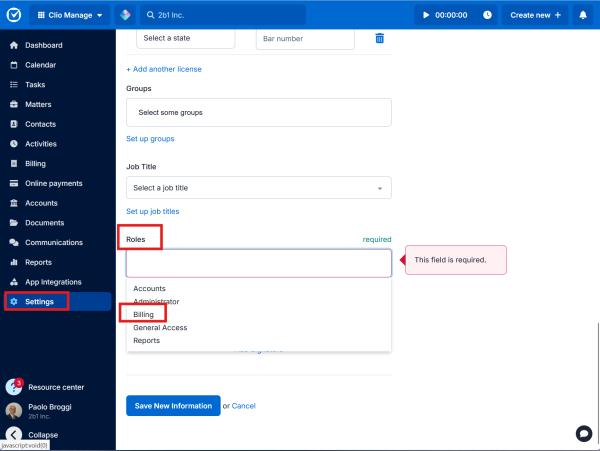 Clio Manage roles and billing permissions settings