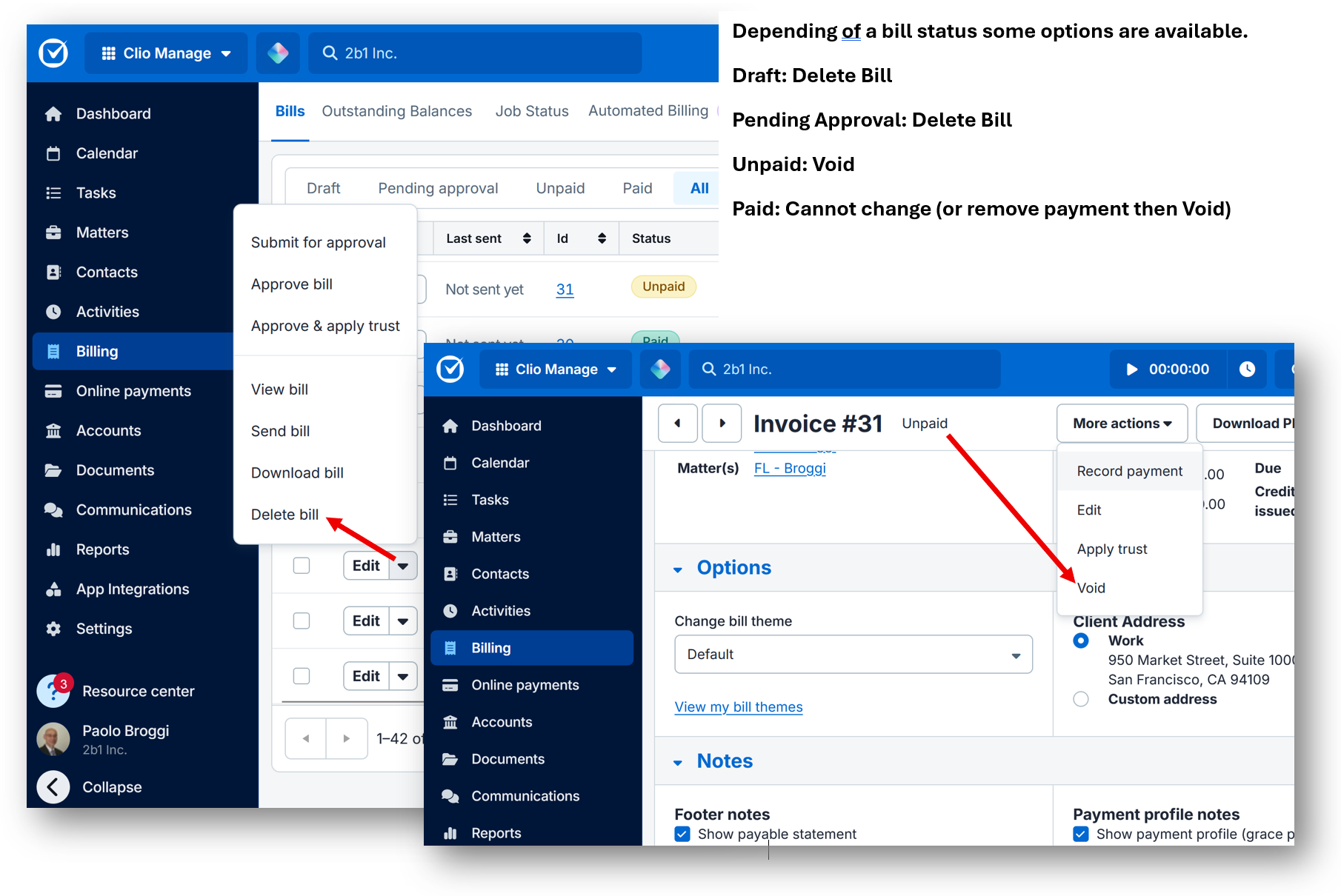 Clio Manage void bill versus delete bill options
