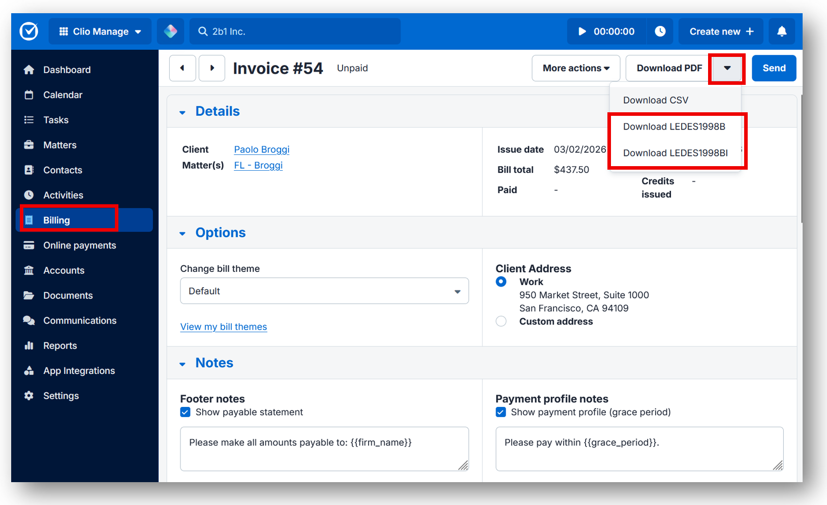 Clio Manage LEDES bill download UTBMS codes settings