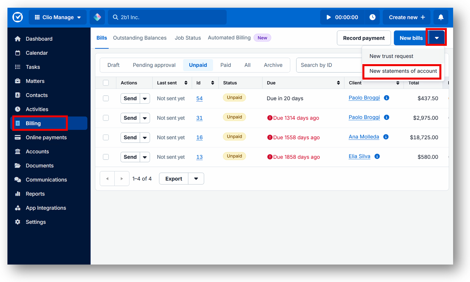Clio Manage statements of account export and invoice payments report