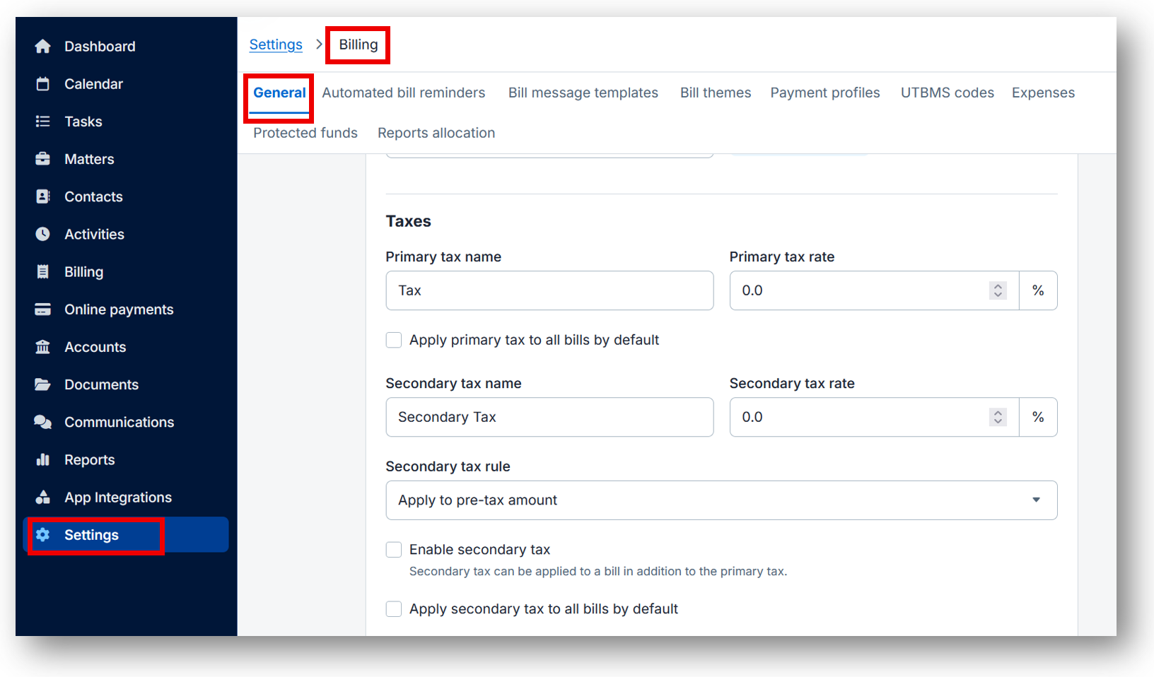 Clio Manage tax settings apply two taxes to invoices