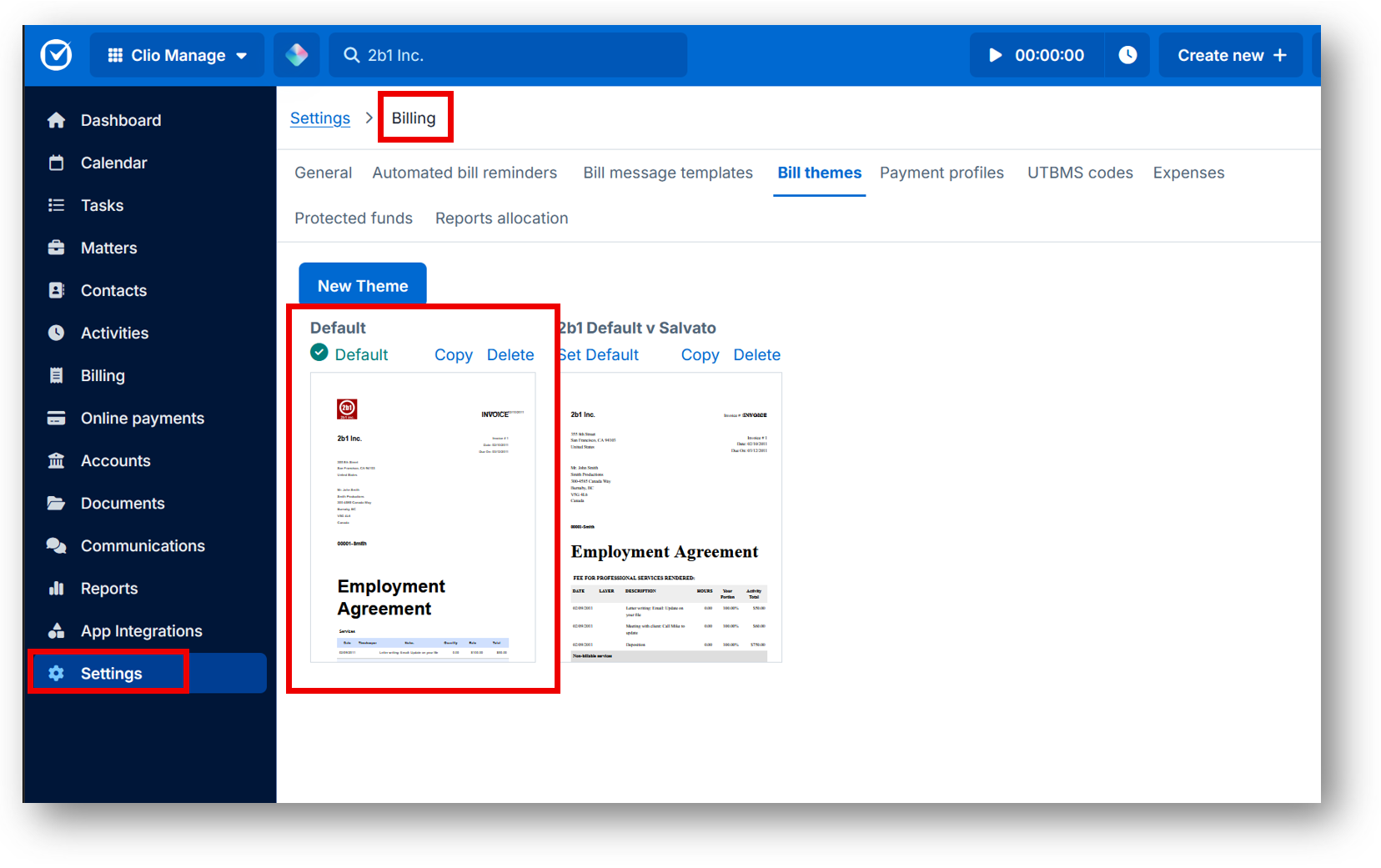 Clio Manage bill themes customization logo footer layout