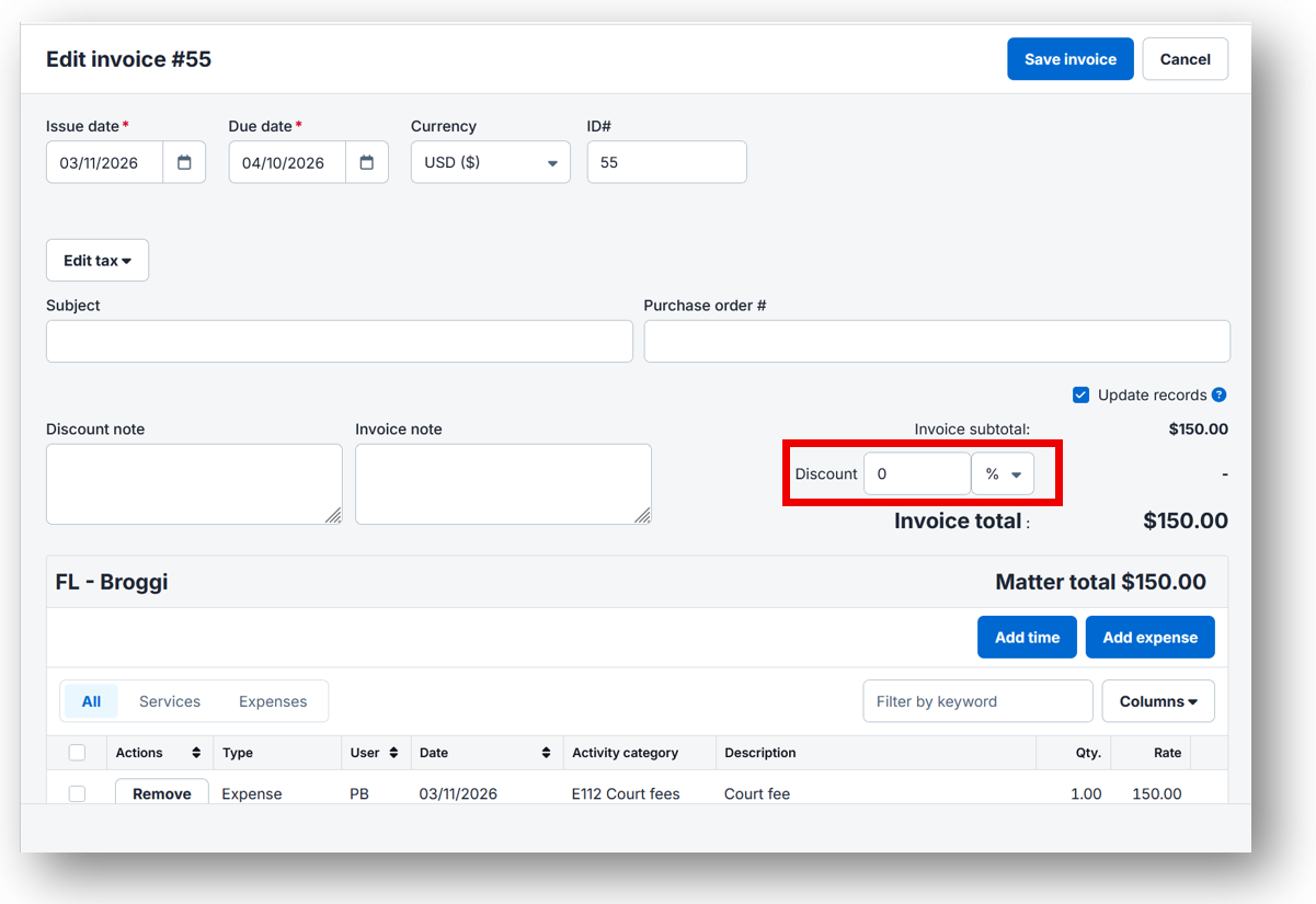 Clio Manage apply discount versus credit note write off