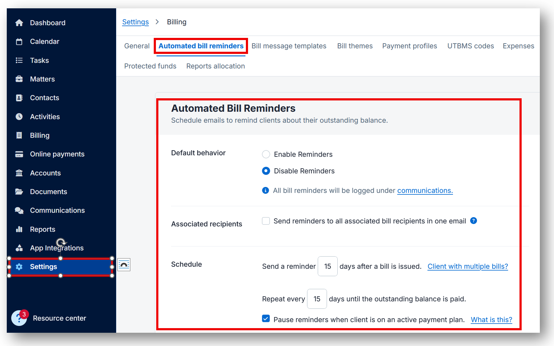 Clio Manage bill reminders outstanding balances automated schedule