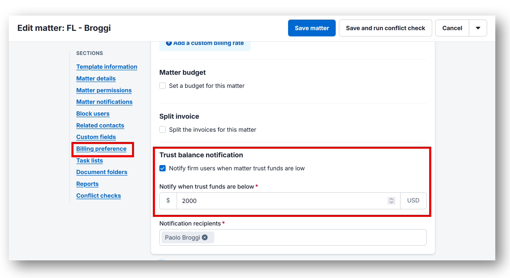 Clio Manage evergreen retainer trust request minimum threshold notifications