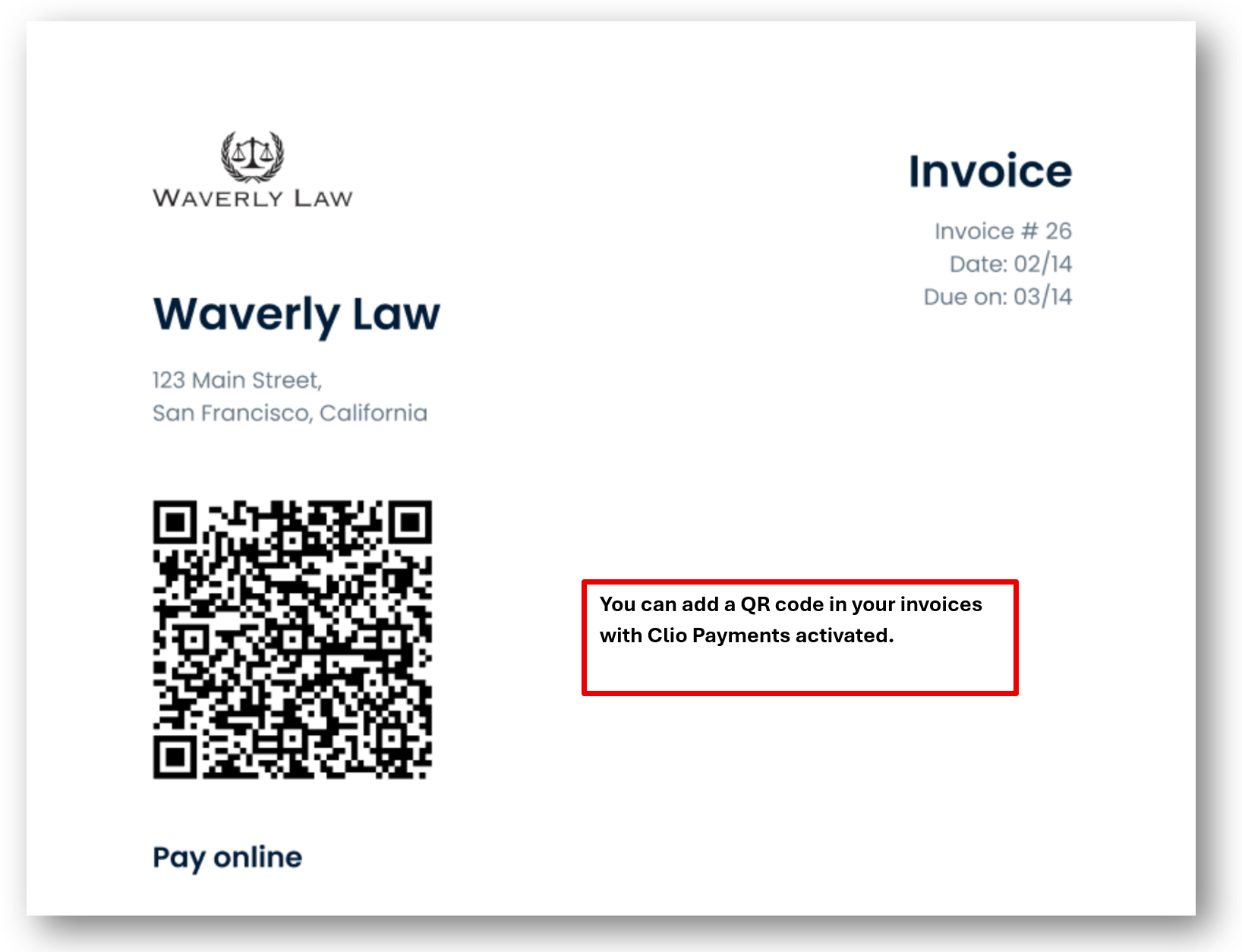 Clio Manage invoice PDF with QR code secure payment link