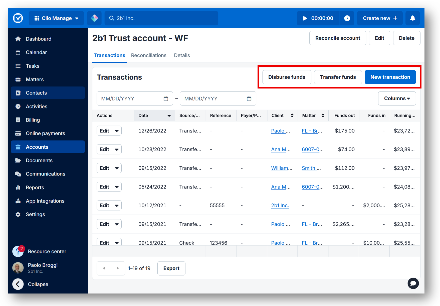 Clio Manage trust account management operating vs trust accounts