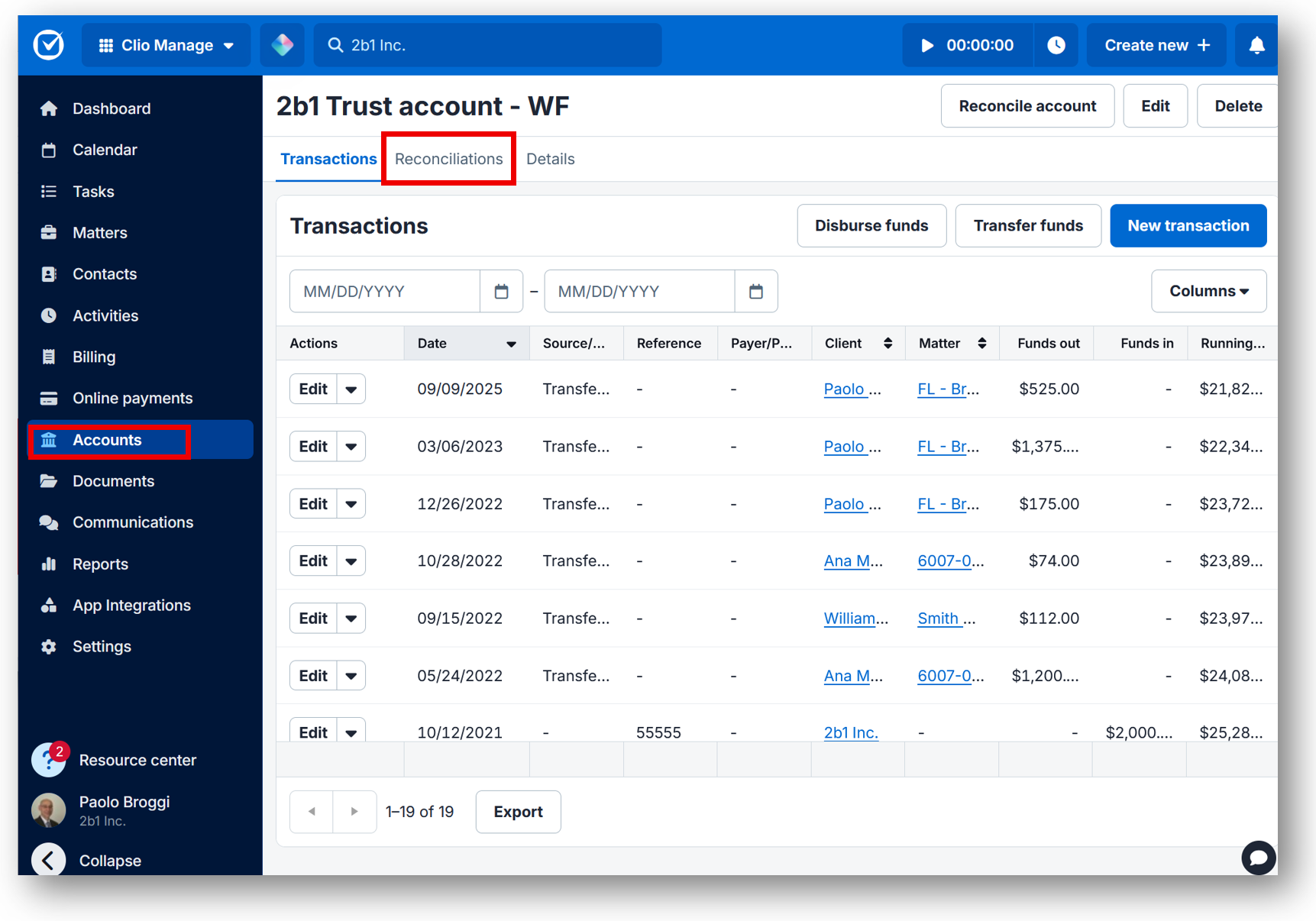 Clio Manage trust reconciliation reports audit history